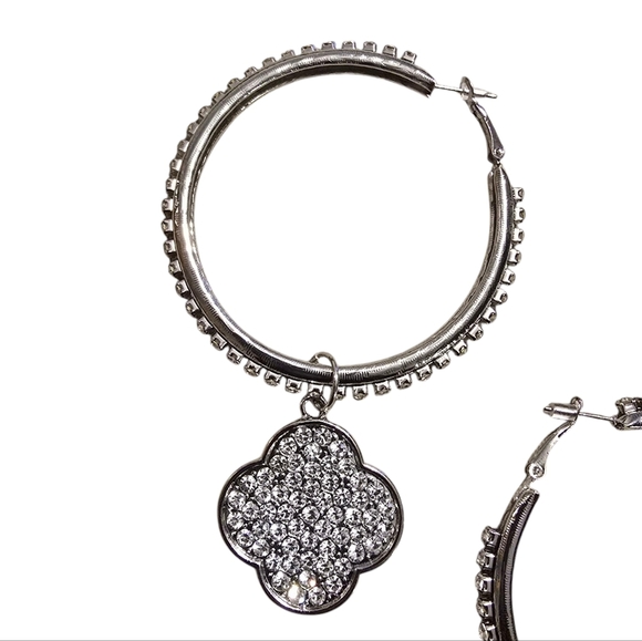 Four Leaf Earrings Silver Large Hoop Rhinestone Crystal Dangle 2" - Picture 3 of 4